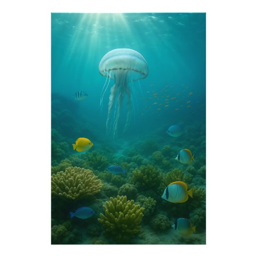 Realistic Underwater Jellyfish in Zakynthos Foto Afdruk (Voorkant)