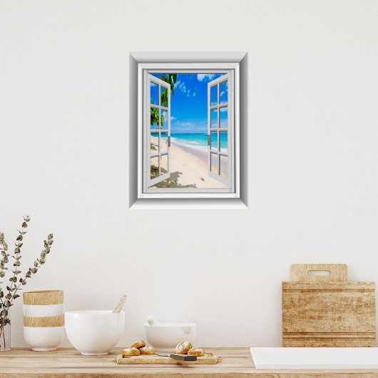 Realistisch 3D Beach Scene Fake Window Uitzicht Poster (Keuken)