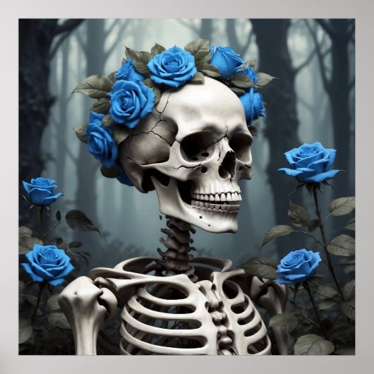Realistisch blauw Rozen bloemenskelet Poster (Voorkant)
