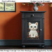 Realistisch Geborduurde Witte Kat BZ8 Decoupage Tissuepapier