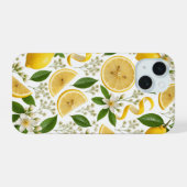 Realistisch geperst citroen- en botanisch bloempat iPhone 15 case (Achterkant horizontaal)