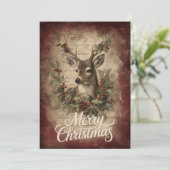 Realistisch hert met krans en roestig rood feestdagenkaart (Staand voorkant)