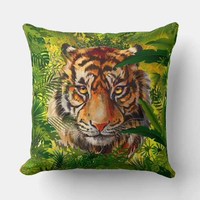 Realistisch Oerwoud Tiger Pillow - Tiger Kussen (Voorkant)