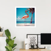 Realistisch Roze Flamingo op Strand Poster (Thuiskantoor)