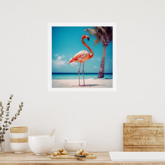 Realistisch Roze Flamingo op Strand Poster (Keuken)