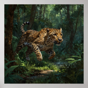 Realistisch Running Leopard in Oerwoud Poster