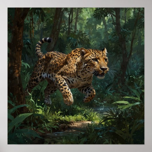 Realistisch Running Leopard in Oerwoud Poster (Voorkant)