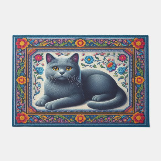 Realistisch Russisch blauw Kat Kleurrijke Bloemen  Deurmat (Voorkant)
