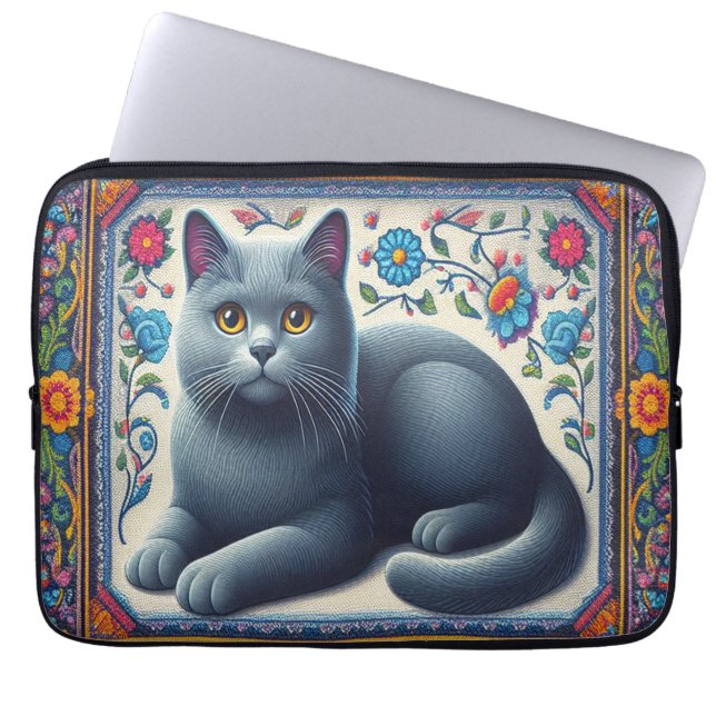 Realistisch Russisch blauw Kat Kleurrijke Bloemen  Laptop Sleeve (Voorkant)