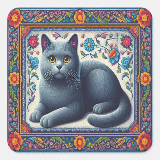 Realistisch Russisch blauw Kat Kleurrijke Bloemen  Vierkante Sticker (Voorkant)