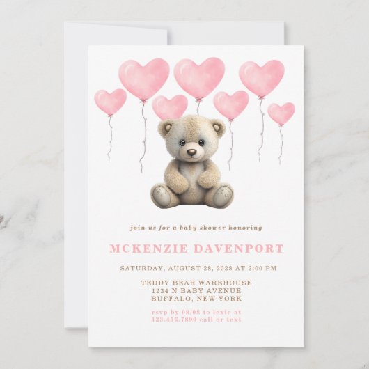 Realistisch Teddy Bear Pink Balloon Baby shower Kaart (Voorkant)
