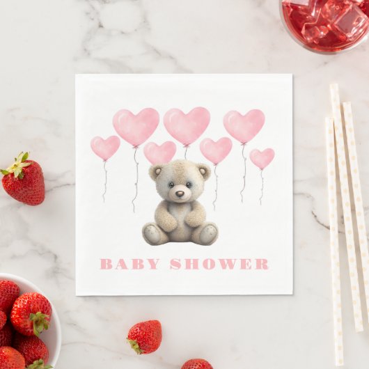 Realistisch Teddy Bear Pink Balloon Baby shower Servet (Insitu)