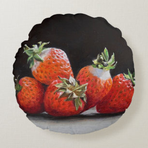 Realistische Aardbeien Stilleven Olie Schilderij Rond Kussen