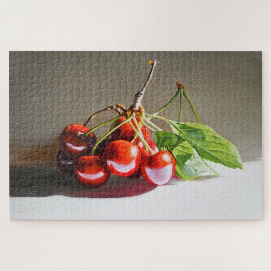 Realistische Cherry Stilleven met bladeren Fine Ar Legpuzzel (Horizontaal)