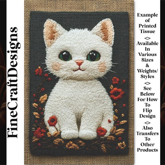 Realistische geborduurde witte kat BZ8 Decoupage Tissuepapier