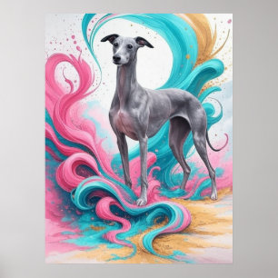 Realistische Greyhound met Neon Kleur Achtergrond Poster