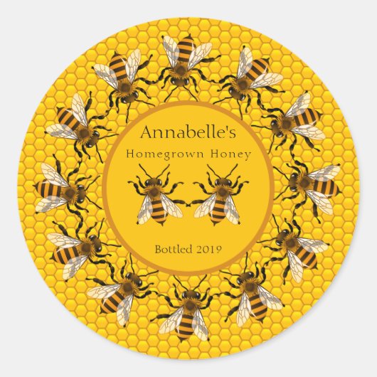 Realistische honingbijen op honingraat ronde sticker (Voorkant)