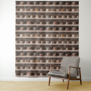 Realistische koffie-theekopjes op planken leuk pat wandkleed