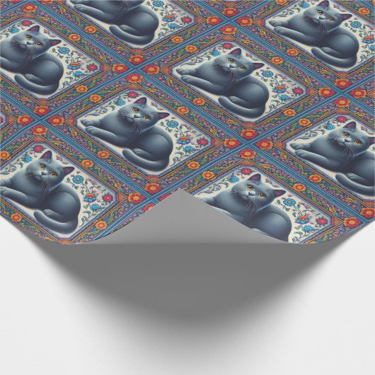 Realistische Russische blauwe kat Kleurrijke bloem Cadeaupapier (Hoek)