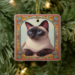 Realistische Schattigee Siamese kat Kleurrijke Blo Keramisch Ornament