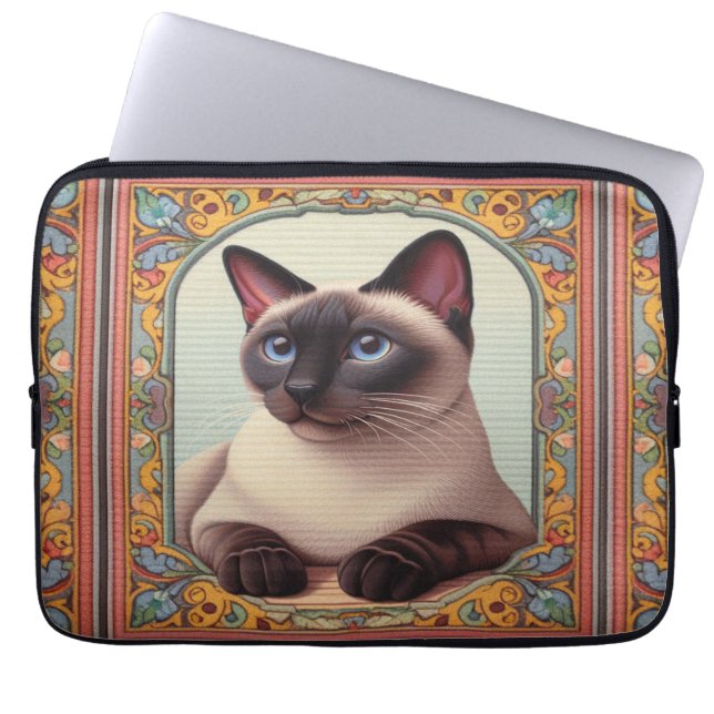Realistische Schattigee Siamese kat Kleurrijke Blo Laptop Sleeve (Voorkant)