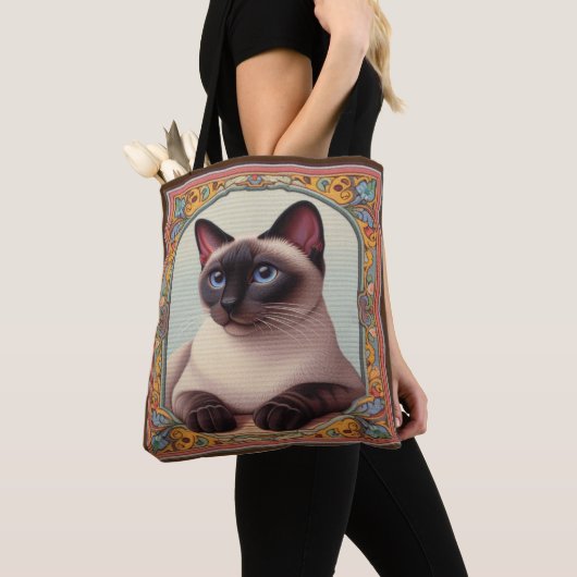 Realistische Schattigee Siamese kat Kleurrijke Blo Tote Bag (Dichtbij)