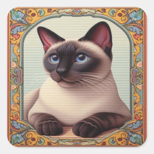 Realistische Schattigee Siamese kat Kleurrijke Blo Vierkante Sticker (Voorkant)