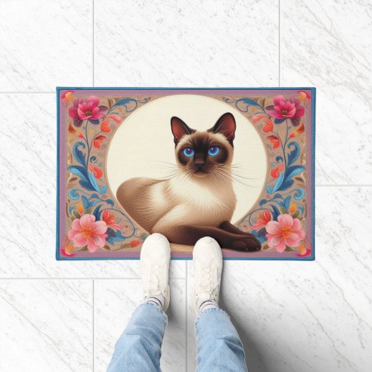 Realistische Siamese Kat Kleurrijke Bloemen Rand Deurmat (Binnen)
