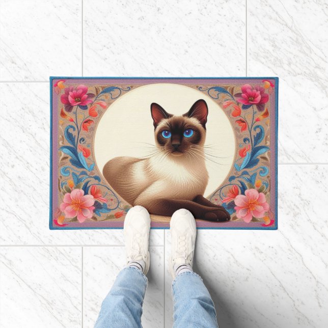 Realistische Siamese Kat Kleurrijke Bloemen Rand Deurmat (Binnen)