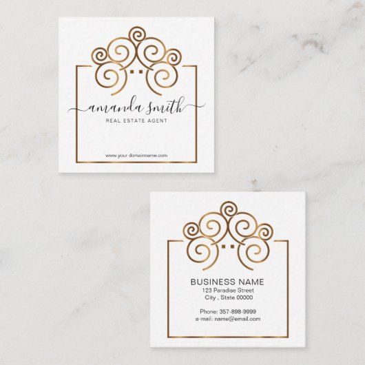 Realtor branding met boomhut in goud vierkante visitekaartje (Voorkant / Achterkant)