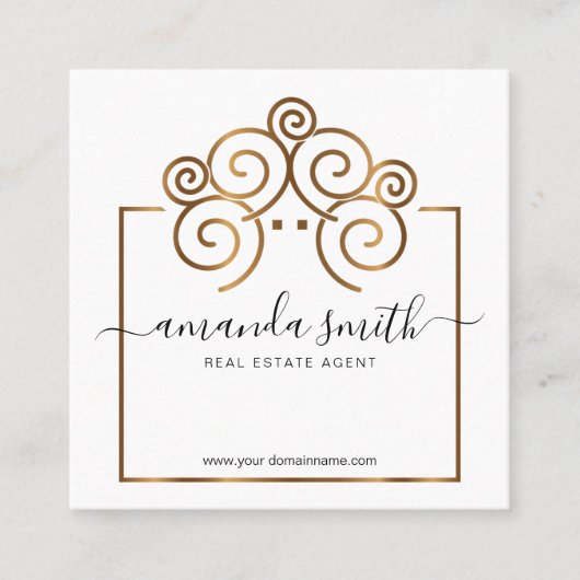 Realtor branding met boomhut in goud vierkante visitekaartje (Voorkant)