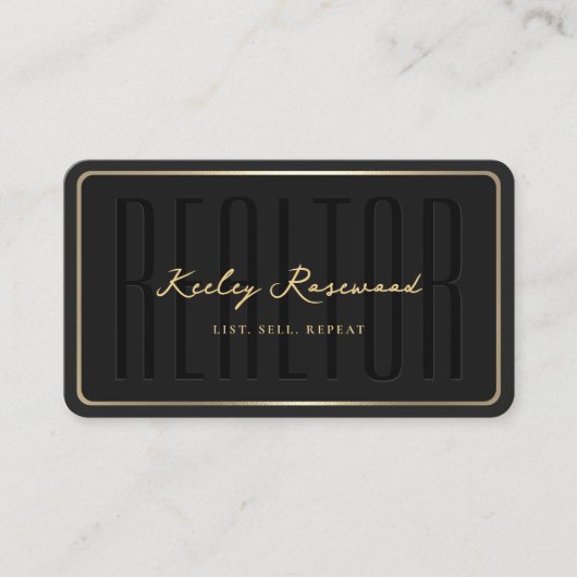 Realtor Elegant Modern Zwart Goud Lijst Visitekaartje (Voorkant)