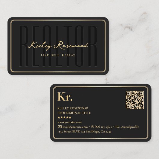 Realtor Elegant Modern Zwart Goud Lijst Visitekaartje (Voorkant / Achterkant)