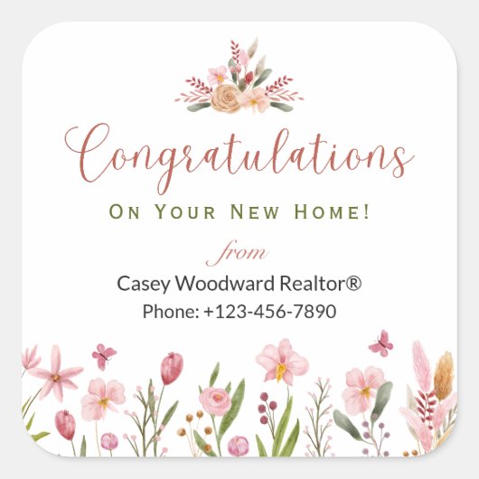 Realtor Gefeliciteerd Gepersonaliseerde Bloemen Vierkante Sticker (Voorkant)