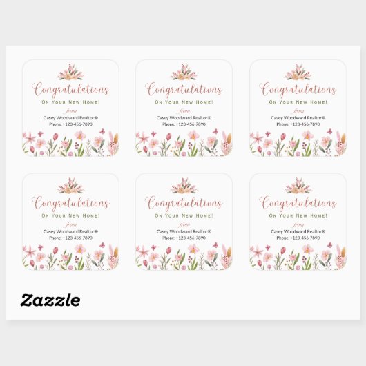 Realtor Gefeliciteerd Gepersonaliseerde Bloemen Vierkante Sticker (Vel)