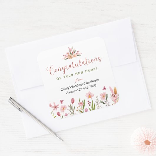 Realtor Gefeliciteerd Gepersonaliseerde Bloemen Vierkante Sticker (Envelop)