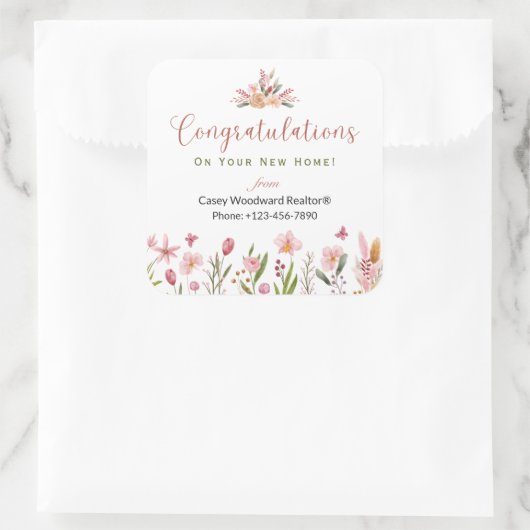Realtor Gefeliciteerd Gepersonaliseerde Bloemen Vierkante Sticker (Tas)