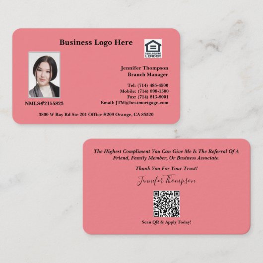 Realtor, leningfunctionaris, Visitekaartje verzeke (Voorkant / Achterkant)