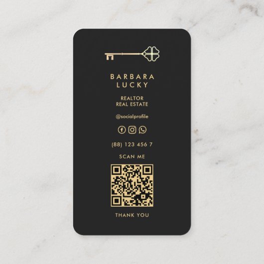 Realtor Makelaar Elegant Zwart Goud Sleutel Visitekaartje (Achterkant)
