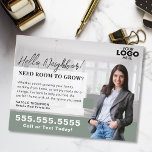 Realtor Marketing Logo Real Estate Farming Mailer Briefkaart<br><div class="desc">Versterk uw vastgoedmarketingstrategie met dit professioneel ontworpen briefkaart voor landbouwmailers, ideaal voor het presenteren van uw diensten aan potentiële thuisverkopers. Met dit aanpasbare briefkaart kunt u uw logo en foto uploaden en een persoonlijke en gepolijste touch creëren die vertrouwen en geloofwaardigheid in uw gemeenschap opbouwt. Of u zich nu introduceert...</div>