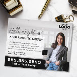 Realtor Marketing Logo Real Estate Farming Mailer Briefkaart<br><div class="desc">Laat u in uw lokale markt opvallen met dit gestroomlijnde zwarte briefkaart voor vastgoedlandbouw, dat ideaal is om uw expertise te tonen en contact te leggen met potentiële thuisverkopers. Het tijdloze zwarte ontwerp straalt professionaliteit en sophisticatie uit, terwijl aanpasbare functies zoals het uploaden van uw logo en foto een persoonlijke,...</div>