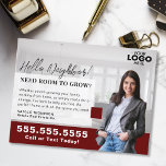 Realtor Marketing Logo Real Estate Farming Mailer Briefkaart<br><div class="desc">Versterk uw vastgoedmarketingstrategie met dit professioneel ontworpen briefkaart voor landbouwmailers, ideaal voor het presenteren van uw diensten aan potentiële thuisverkopers. Met dit aanpasbare briefkaart kunt u uw logo en foto uploaden en een persoonlijke en gepolijste touch creëren die vertrouwen en geloofwaardigheid in uw gemeenschap opbouwt. Of u zich nu introduceert...</div>