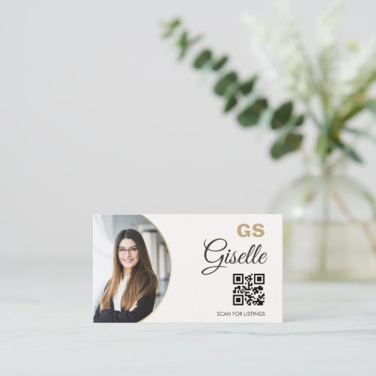  Realtor Neutral Gold Photo Monogram QR Code  Visitekaartje (Staand voorkant)