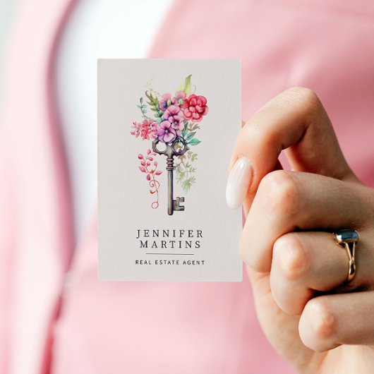 Realtor Waterverf Bloemen Sleutel Visitekaartje
