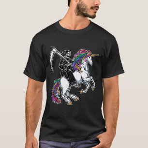 Reaper Rijden Eenhoorn Regenboog Skelet Halloween T-shirt