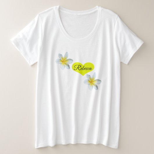 Rebecca, naam, met Frangipanis en liefdeshart, Grote Maat T-shirt (Design voorkant)