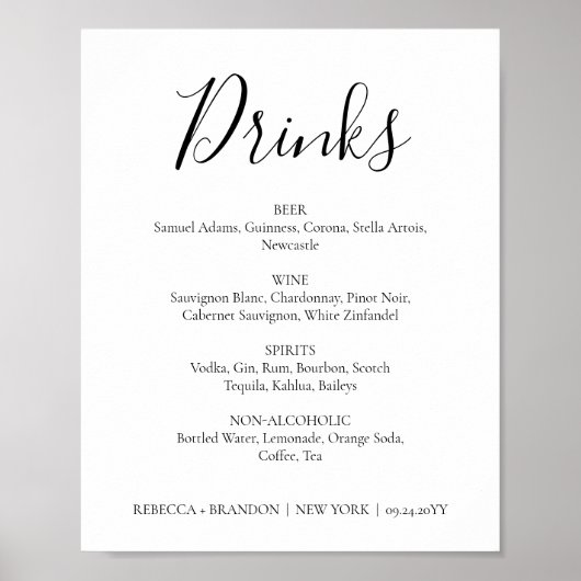 Rebecca Simple Calligraphy Drinken Wedding Sign Poster (Voorkant)