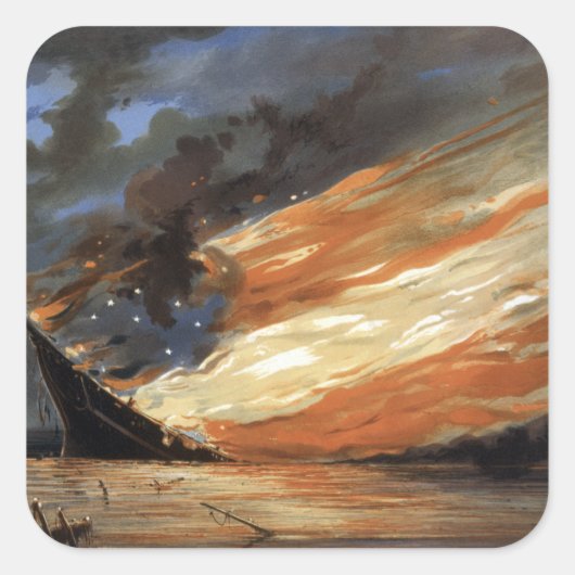 Rebel Civil War vlaggenschip op brand van de Ameri Vierkante Sticker (Voorkant)