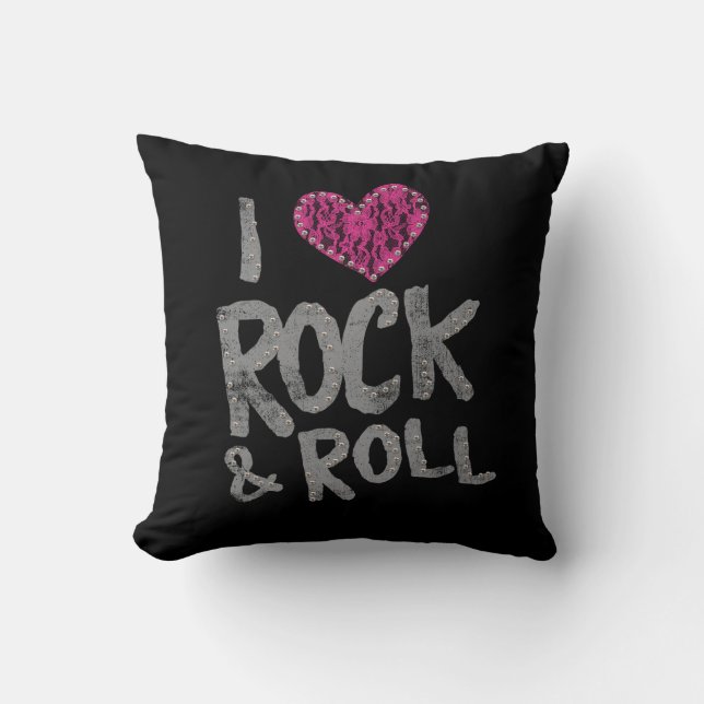 Rebel Kinder Rock & Roll Pink Lace Heart Black Kussen (Voorkant)