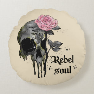 Rebel Soul - Gotische schedel met roze roos Rond Kussen